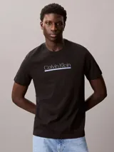 Remera deportiva de manga corta color negro, con cuello redondo y el logotipo de Calvin Klein estampado en el pecho en color blanco con una línea azul.