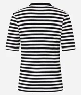 Blusa ajustada de mangas cortas, confeccionada en tejido de punto acanalado con rayas horizontales blancas y negras. Tiene cuello redondo con botones en la vista.