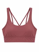 Top deportivo color terracota con diseño de tirantes dobles cruzados en la espalda.