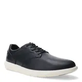 Zapatos casuales de hombre tipo derby, confeccionados en cuero color negro con cordones al tono y suela de goma blanca de estilo deportivo.