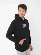 Canguro negro Caterpillar con capucha ajustable y bolsillo frontal tipo canguro. Presenta el logo de la marca bordado en el pecho en blanco y amarillo.