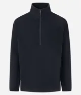 Saco de polar negro con cuello alto y cierre frontal parcial, de manga larga y diseño de corte recto.