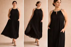 Vestido midi de corte holgado y fluido, confeccionado en tela plisada color negro. Presenta un escote halter con detalle de pedrería brillante en el cuello, abertura frontal pequeña y bolsillos laterales.