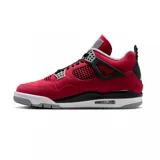 Championes Air Jordan 4 Retro en color rojo con detalles en negro, gris y blanco, confeccionados con paneles de malla y refuerzos plásticos característicos del modelo.