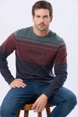 Remera de manga larga con diseño de rayas horizontales en tonos azul marino, bordó y gris. Presenta cuello redondo y un bordado en relieve en el pecho con la inscripción Legacy Established Brand.