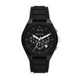 Reloj cronógrafo Armani Exchange con caja de 44mm y correa de silicona, diseño completamente en color negro con subesferas y fechador.