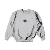 Buzo de algodón color gris melange, con cuello redondo, mangas largas y puños acanalados. Presenta un diseño gráfico bordado en el centro del pecho que incluye un sol estilizado y el texto 'REPUBLICA EMEXEM'.