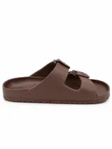 Sandalias de dos tiras negras con hebillas ajustables, plantilla anatómica y diseño ergonómico.