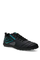 Zapatillas de fútbol 5 Umbro Vision TF, color negro con detalles en turquesa, diseñadas para césped sintético.
