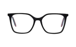 Armazón de anteojos de diseño cuadrado, fabricado en acetato color negro con detalles internos en tonos rojizos y azulados en las patillas.