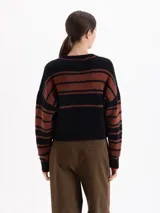 Sweater de punto a rayas horizontales en color negro y marrón, con cuello redondo y detalles de costuras en color fucsia. Presenta un pequeño bordado de un flamenco en el pecho y un detalle bordado en el puño.
