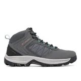 Bota de senderismo Columbia modelo Transverse Hike, color gris oscuro con detalles en naranja y turquesa. Presenta construcción impermeable, parte superior de piel y malla, entresuela amortiguada y suela de alta tracción.