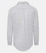 Camisa de lino color gris claro con estampado de cuadros color beige, de corte regular, cuello inglés, manga larga y abotonadura frontal.