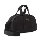 Mini bolso Puma modelo UP Grip, color negro con textura arrugada. Cuenta con doble asa de mano, correa ajustable extraíble, cierre superior y logo de la marca en dorado en el frente.