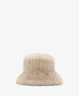 Gorro tipo bucket de pelo sintético en color beige, con textura suave y forro interior de algodón.