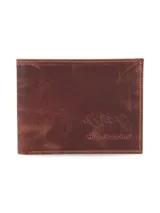 Billetera de cuero marrón con textura rústica y logo de la marca grabado en la esquina inferior derecha.