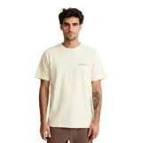 Remera de manga corta color blanco roto con pequeño estampado azul en el pecho y diseño amplio.