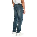 Jeans de mezclilla de corte slim para hombre, con diseño de cinco bolsillos y efecto ligeramente desgastado.