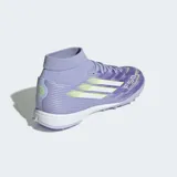 Championes de fútbol Adidas F50 Sparkfusion League para mujer, color lila con detalles en amarillo neón y blanco. Presentan un cuello tipo calcetín integrado y suela de caucho con taches para césped artificial.