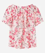 Blusa de viscosa con estampa floral, escote hombro a hombro y mangas cortas.