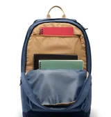 Mochila urbana Columbia de 30 litros, color azul oscuro con detalles en beige. Cuenta con dos compartimentos principales, funda acolchada para laptop, bolsillos laterales para botellas y base plana reforzada.