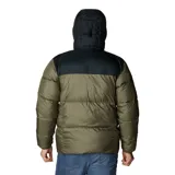 Campera puffer con capucha, diseño bicolor en verde oliva y negro. Cuenta con cierre frontal completo, protector de mentón, bolsillos laterales con cierre y puños elásticos. Incorpora tecnología de aislamiento Thermarator y tejido deperlante al agua.