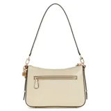 Cartera Guess modelo Daryna II, color blanco hueso, confeccionada en poliuretano con textura lisa. Tiene correa de hombro fina y rígida, cierre superior con cremallera, logo triangular dorado en el frente y charm colgante con logo de la marca.