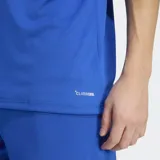Remera deportiva Adidas color azul con cuello redondo y ribetes blancos en el cuello y las mangas. Cuenta con el logo de la marca bordado en el pecho.