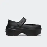 Zuecos Crocs Stomp Mary Jane color negro, con plataforma exagerada y correa ajustable con orificios para charms Jibbitz™.
