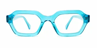 Lentes con armazón geométrico de color turquesa translúcido y cristales transparentes con protección de luz azul.