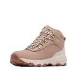 Bota de trekking Columbia modelo Newton Wander Ltr, color rosado con detalles en tono más claro y suela marrón. Confeccionada en cuero impermeable, cuenta con cordones, herrajes metálicos y tecnología de amortiguación y tracción.