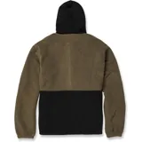 Campera de polar con capucha y cierre frontal parcial, diseño en bloques de color verde oliva y negro, con bolsillo frontal y logo de la marca.