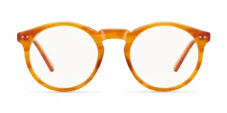 Armazón de receta con diseño redondeado y estilo vintage, fabricado en bio acetato con acabado carey en tonos naranja.