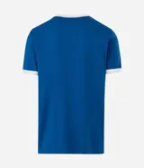 Remera de algodón color azul con cuello redondo y bordes de mangas en color blanco. Presenta la palabra 'URUGUAY' bordada en el centro del pecho con letras blancas y contorno azul.
