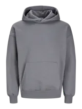 Hoodie gris de manga larga con capucha, corte holgado y bolsillo tipo canguro.