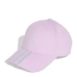 Gorra Adidas rosada con visera curva, logo bordado en blanco en el frente y tres tiras blancas sobre la visera.