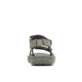 Sandalias de senderismo Merrell modelo Huntington Sport Conv para hombre, color gris con detalles en naranja. Diseño resistente al agua con parte superior sintética, sistema de ajuste con tiras de velcro y suela de goma con tracción.