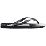 Ojotas Havaianas con base blanca y celeste con diseño de olas, tiras blancas con diseño en relieve y logo de la marca en la base.