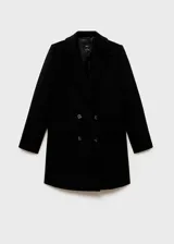 Abrigo midi de doble botonadura en color negro, confeccionado en mezcla de lana. Presenta cuello con solapas de muesca, manga larga y dos bolsillos laterales con solapa.