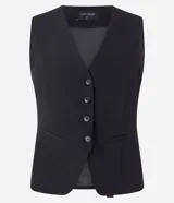 Chaleco negro de sastre, corte slim, sin mangas, con escote en V profundo y cierre frontal de cuatro botones. Presenta un bolsillo o falso bolsillo a la altura del pecho y está forrado.