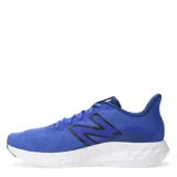 Championes de running New Balance modelo 411 V3, color azul vibrante con detalles en negro. Presentan una capellada de malla transpirable, logo lateral característico y suela de espuma EVA con refuerzos de goma para mayor amortiguación y resistencia.