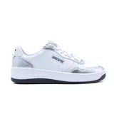 Championes Skechers Sport Court 2.0 Chrome Finish, blancos con detalles plateados. Capellada de cuero sintético con cordones, plantilla Air-Cooled Memory Foam y suela flexible.
