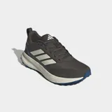 Championes de running Adidas Runfalcon 5TR, color gris oscuro con tres franjas blancas y detalles en azul. Presentan una capellada con tratamiento repelente al agua y entresuela Cloudfoam.