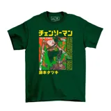 Remera negra de algodón con estampa frontal gráfica inspirada en el manga Chainsaw Man, con letras en japonés y texto en inglés.