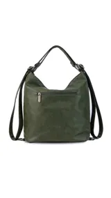 Cartera convertible a mochila de diseño versátil, confeccionada en material símil cuero color verde. Cuenta con múltiples bolsillos frontales con cierre, compartimento principal espacioso con división interna y correas ajustables.