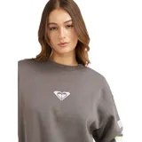Buzo de cuello redondo color gris, con diseño holgado, puños y ruedo acanalados. Presenta un pequeño logo estampado en el centro del pecho y un estampado gráfico colorido en la manga izquierda.