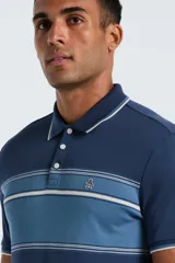 Polo de manga corta con diseño de bloques de color y rayas horizontales en tonos azules. Presenta cuello clásico con tapeta de tres botones y el logo del pingüino bordado en el pecho.