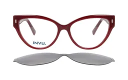 Lentes de marco estilo cat-eye color bordó con clip-on solar polarizado desmontable.