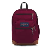 Mochila Jansport color borgoña con base de cuero sintético marrón. Tiene dos compartimentos principales, funda interna para laptop, bolsillo lateral para botellas, bolsillo frontal con panel de organización y clip para llaves, panel trasero acolchado, dos bolsillos exteriores con cremallera y tirantes ergonómicos curvados en S.