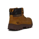 Bota acordonada color marrón con suela marrón oscuro y cuello acolchado negro.